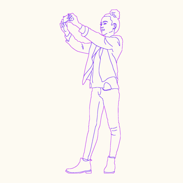 Line drawing of a woman in a bun hairstyle and jeans, holding up a smartphone to take a selfie in profile view.