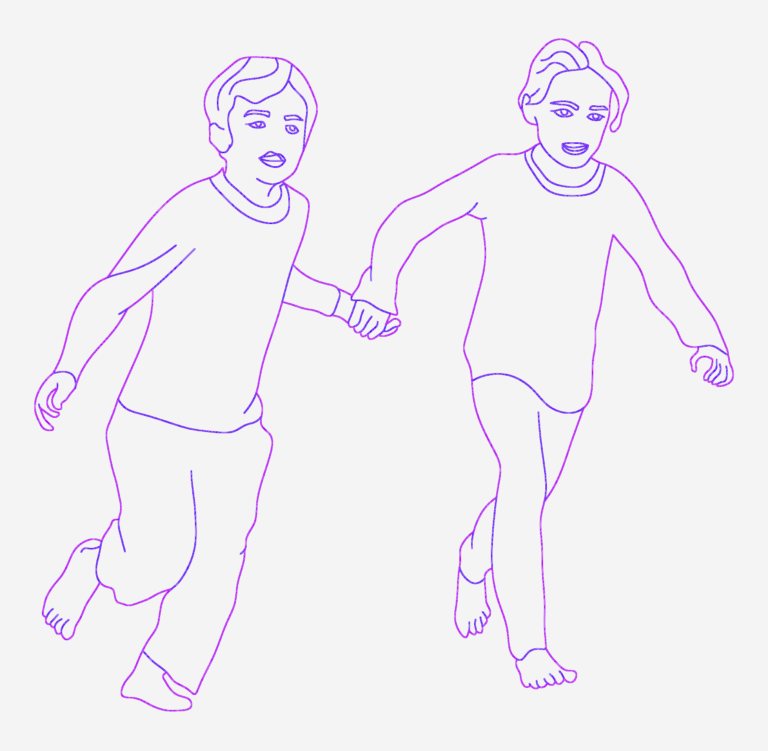 Architectural silhouette of two children running and holding hands in a minimalist line-drawing style.