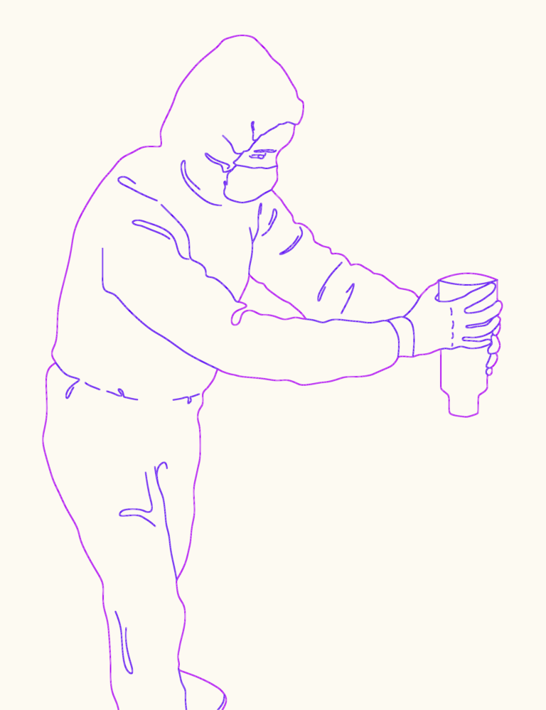 CAD drawing of a lab worker in a hazmat suit and mask pouring from a bottle.