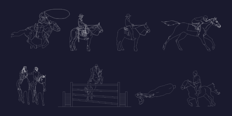 2D CAD silhouettes of people riding horses in various poses like jumping, racing, and lassoing.