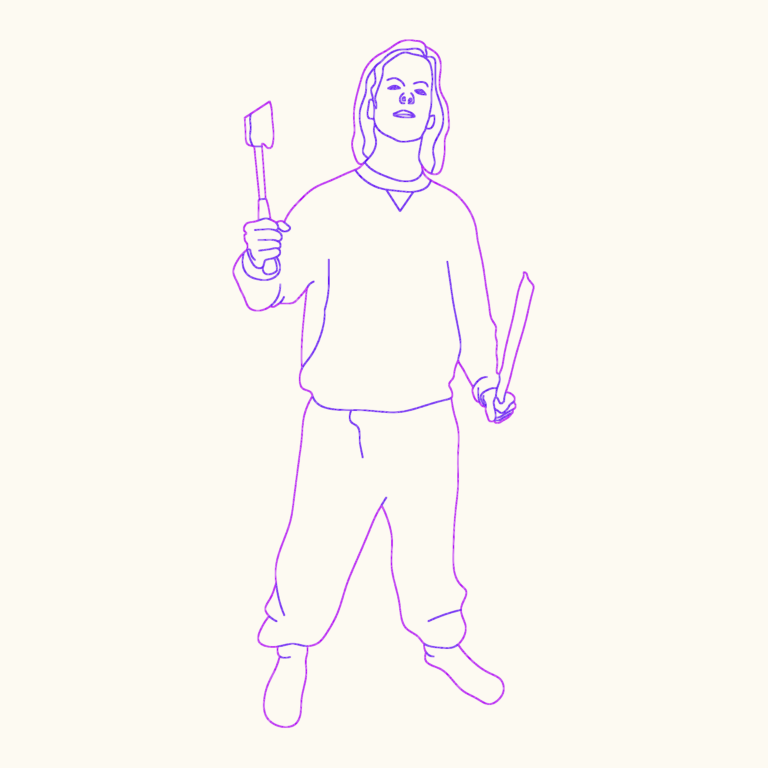 2D outline of a person with long hair wearing a sweatshirt and sweatpants, holding objects in both hands.