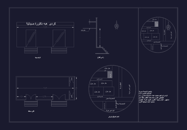 Architectural drawing of a pharmacy showing floor plan, front elevation, and building section.