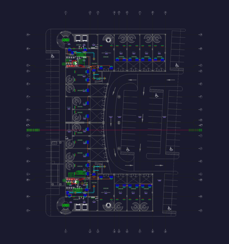 Ground floor HVAC mechanical plan showing ductwork and fan coil unit locations for a commercial building.