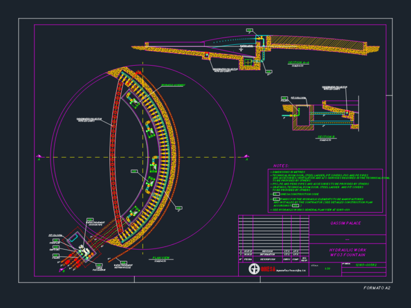 Fountain hydraulic work plan and sections for Qassim Palace