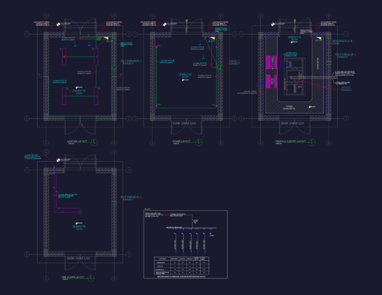 Electrical layouts for a generator room including power, lighting, and fire alarm plans for a lift station.