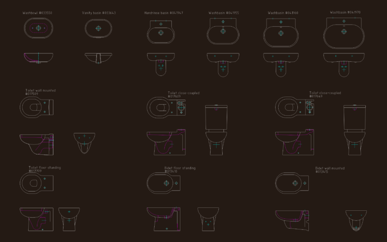Top and side elevation views of Duravit Foster bathroom fixtures including washbasins and toilets with product codes.