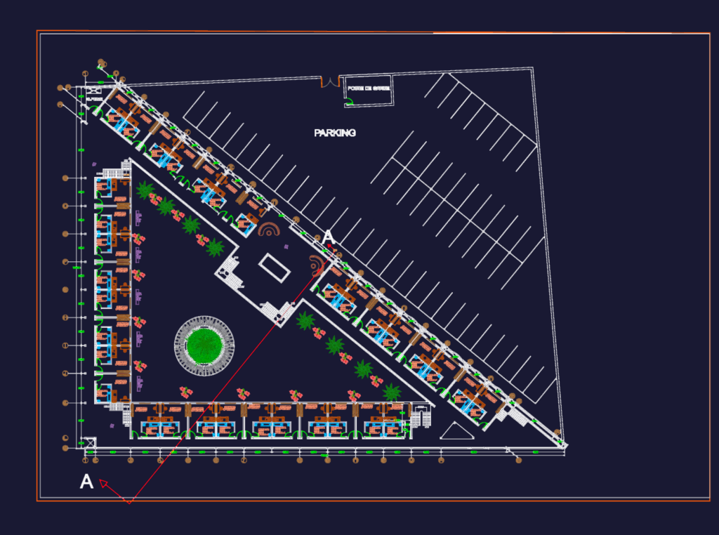 Architectural CAD floor plan for an 8-story hotel project showing room layouts, parking area, and landscaping.