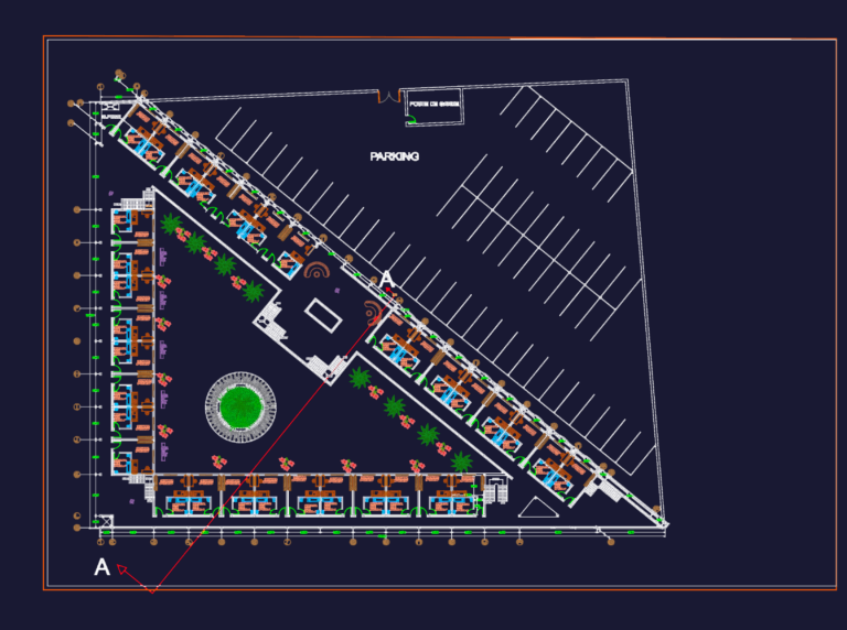 Architectural CAD floor plan for an 8-story hotel project showing room layouts, parking area, and landscaping.