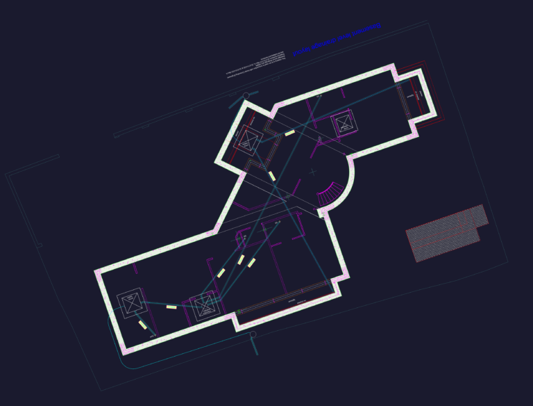 Technical 2D CAD layout of a basement drainage system featuring pump stations and inspection chambers.