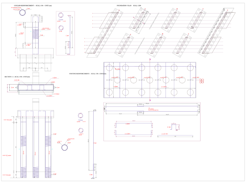 CAD drawing showing reinforcement details for a bridge pile cap and deep piles with sectional views.