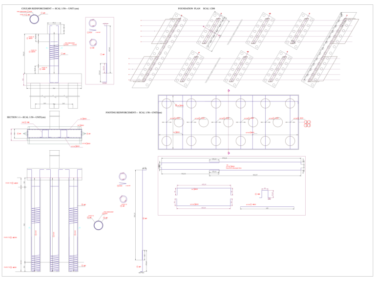 CAD drawing showing reinforcement details for a bridge pile cap and deep piles with sectional views.