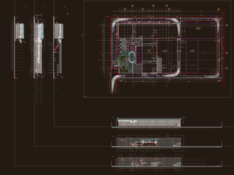 Architectural factory site plan and building sections with overhead crane details.