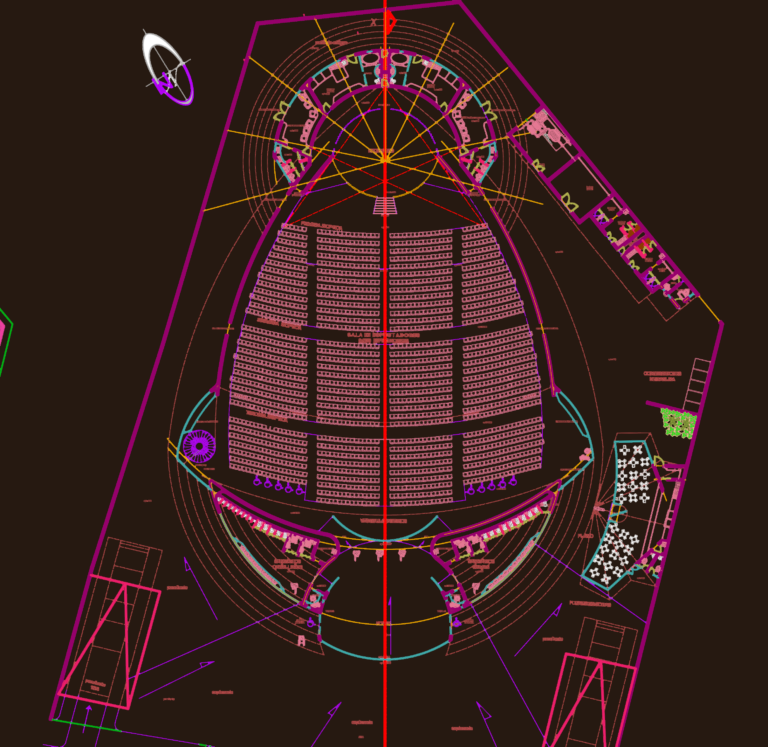 Architectural drawings of an auditorium showing tiered seating plans, site layout, elevations, and a cross-section.