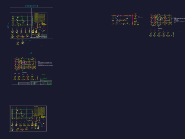 Structural drawing of a substation building showing foundation layouts, sections, and reinforcement details.