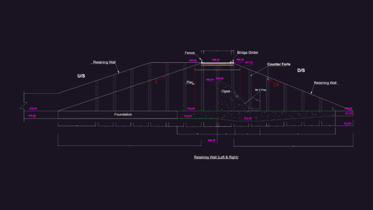 CAD section drawing of a spillway retaining wall showing counterforts, pier, and ogee crest.