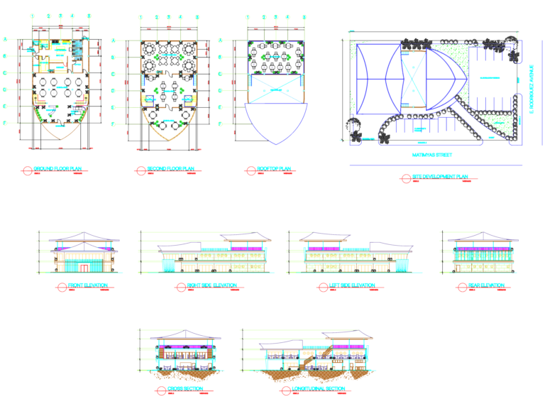 Architectural drawings of a two-story restaurant featuring floor plans, elevations, and a site development plan.