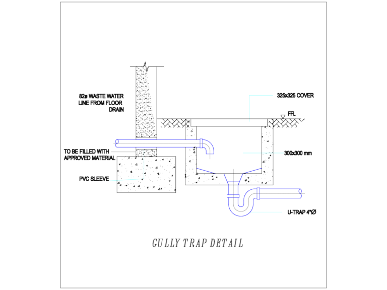 CAD section view of a gully trap including waste line, PVC sleeve, and U-trap assembly.
