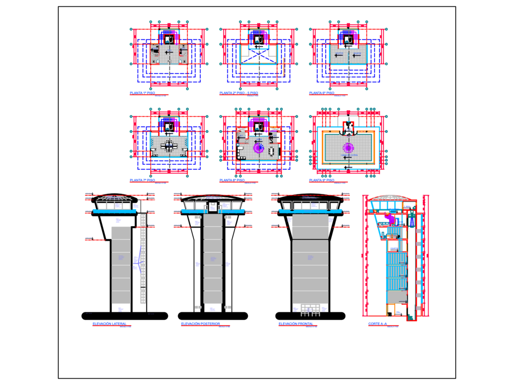 CAD drawing showing multiple floor plans and three elevation views of a tall airport control tower structure.