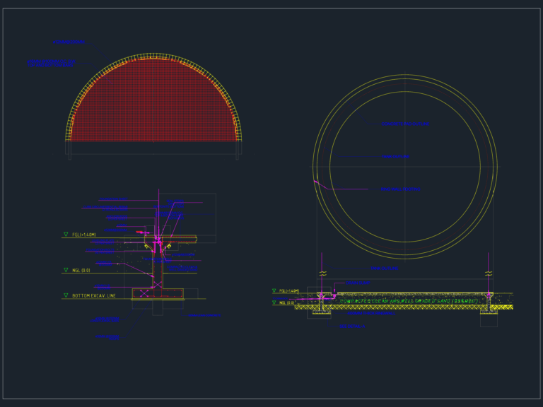 CAD drawing showing reinforcement details for a circular tank foundation including ring wall sections and rebar layout.