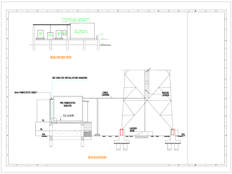 Telecom tower shelter site elevation and section plan