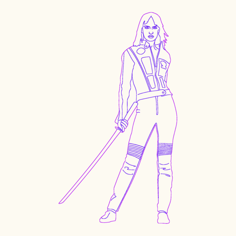 Vector outline of a woman in a jumpsuit holding a katana sword in a standing front view.