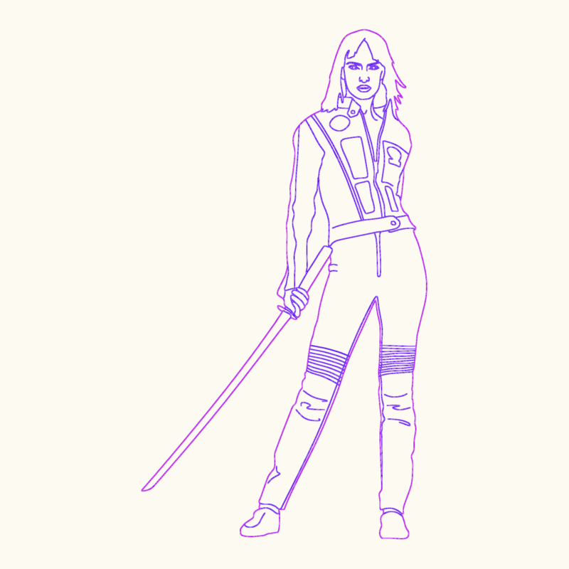 Standing woman in jumpsuit holding a sword front view