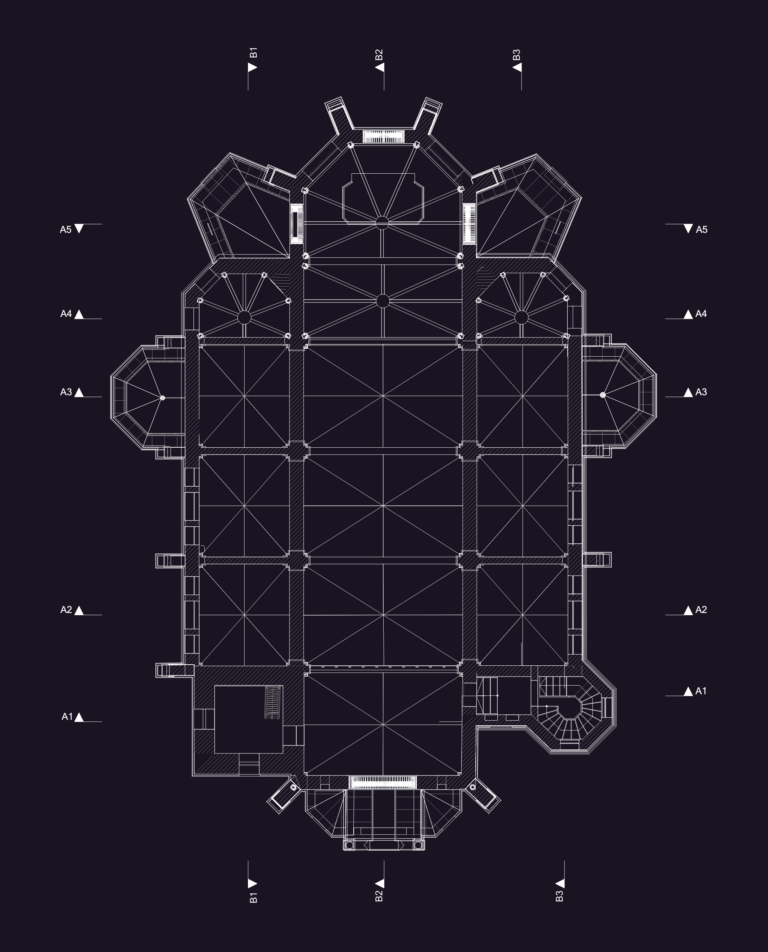 Symmetrical architectural floor plan of a cathedral with columns and apse-like structures.