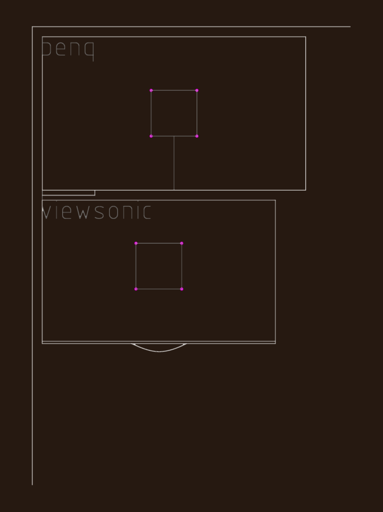 2D CAD outlines of BenQ and ViewSonic monitors showing VESA mounting hole locations.