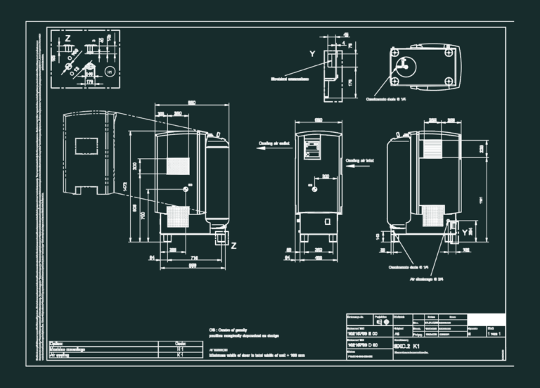 Technical dimension drawing of an SXC.2 K1 machine unit showing air inlets, outlets, and electrical connection points.