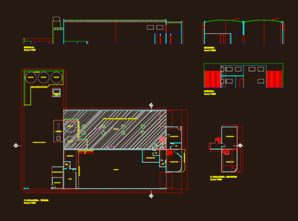 Architectural drawings of an industrial warehouse showing floor plans, building sections, and facade elevations.