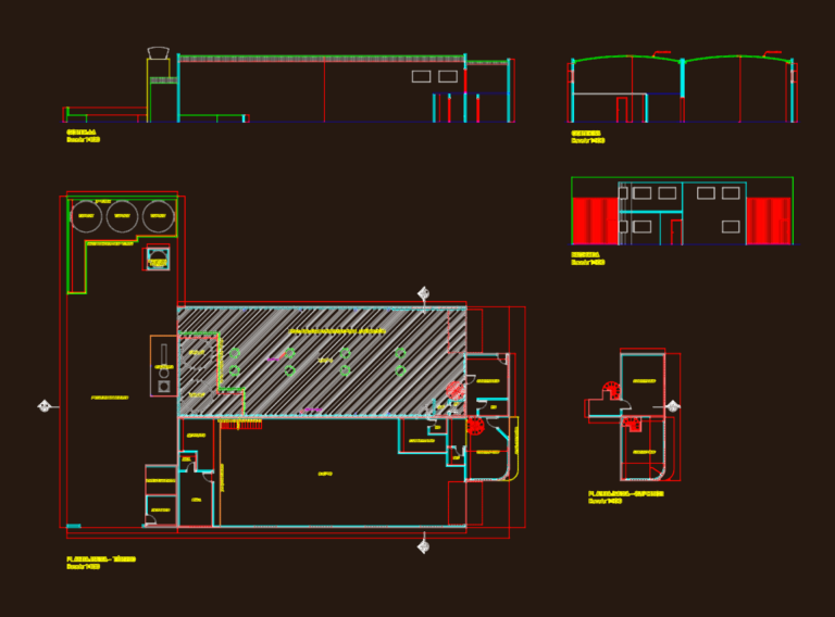 Architectural drawings of an industrial warehouse showing floor plans, building sections, and facade elevations.