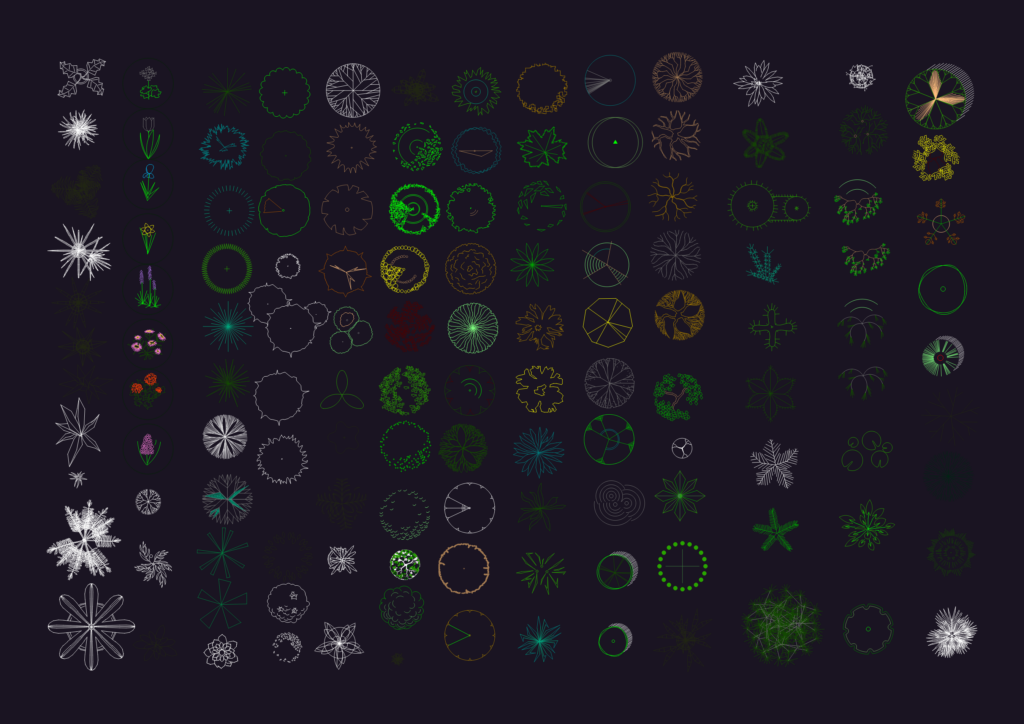 Collection of various tree, plant, and flower symbols for architectural landscape plans in top view.