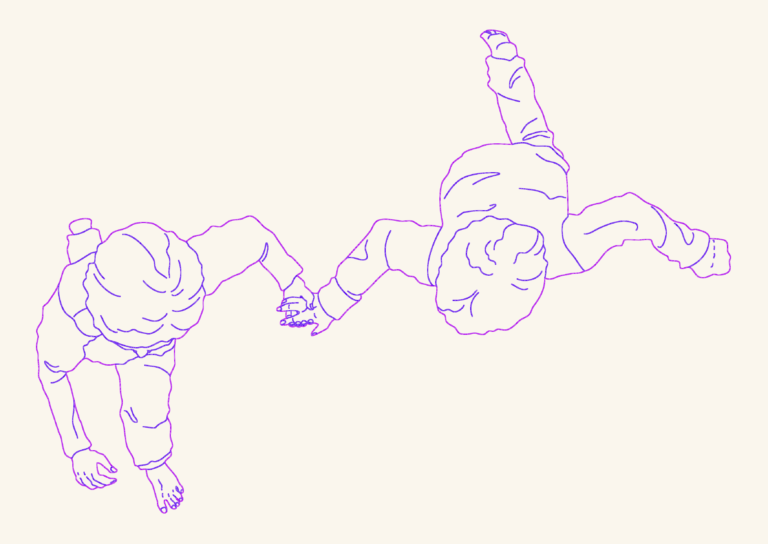 Plan view CAD drawing of two children running and holding hands.