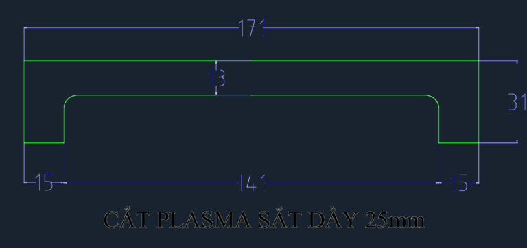 CAD drawing of a 25mm thick iron plate profile with dimension lines for plasma cutting.