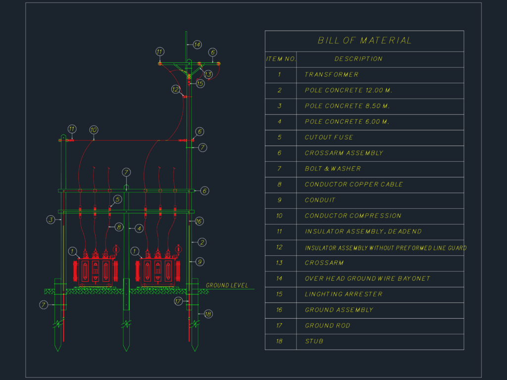 Elevation drawing of a pole-mounted electrical transformer with a technical bill of materials table.