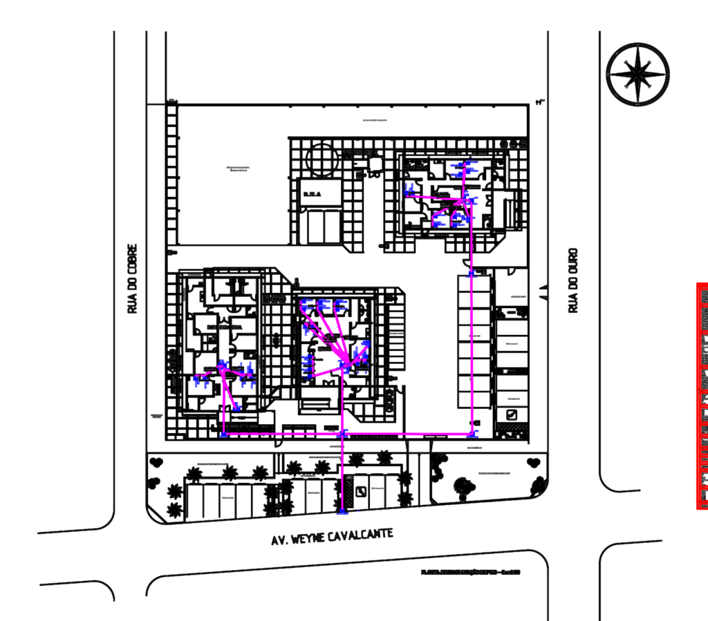 Technical floor plan showing structured cabling routes and network rack locations for a police station.