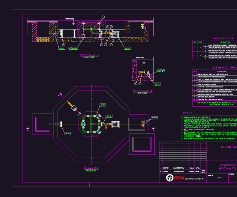 DWG drawing showing plan and section views of a fountain hydraulic system with nozzles and pipes.