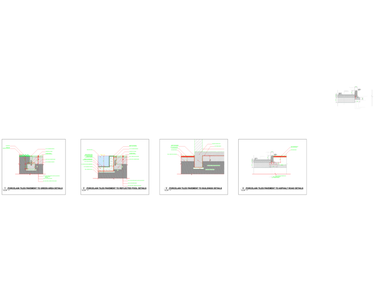 CAD section drawings showing porcelain tile pavement construction details for pools, roads, and garden areas.