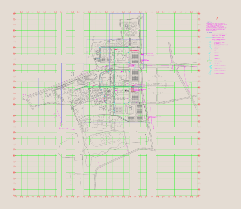 Site plan showing potable water network with pipe diameters, valve chambers, and reservoir layout.