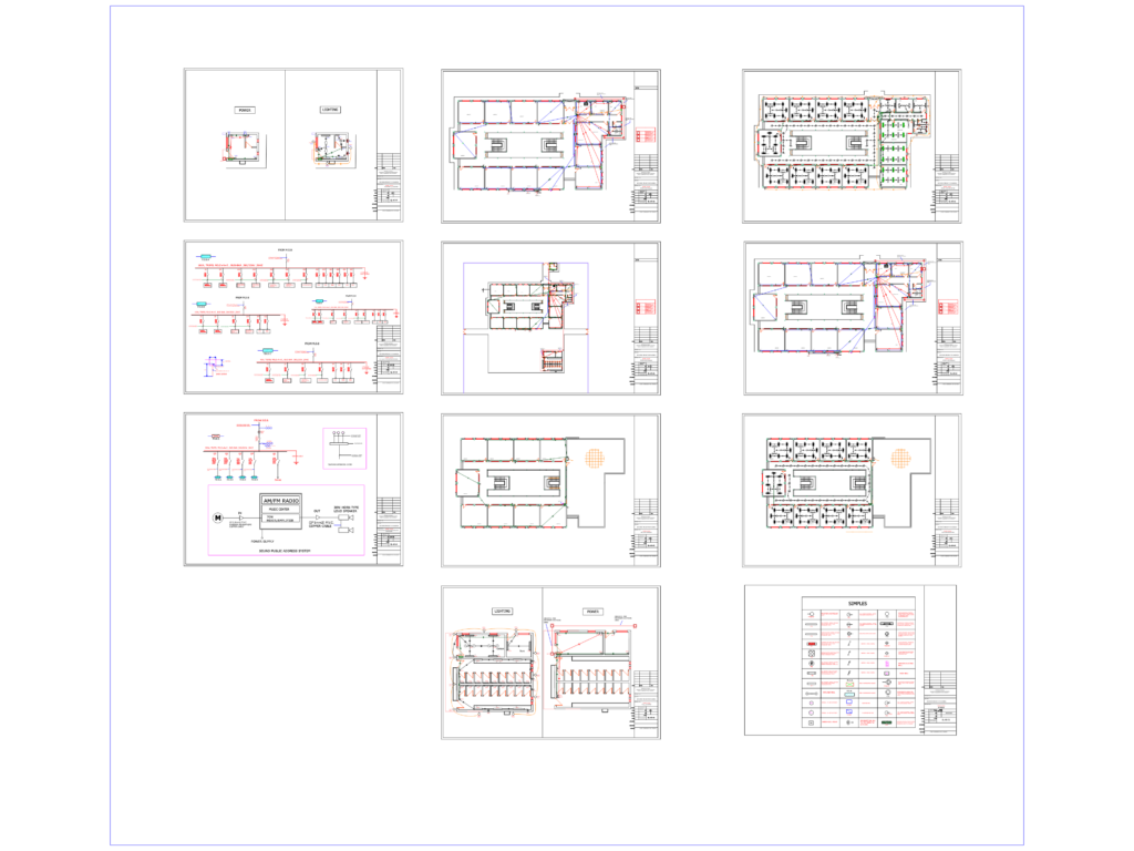 Primary school electrical lighting floor plans and distribution board circuit diagrams with symbol legend.