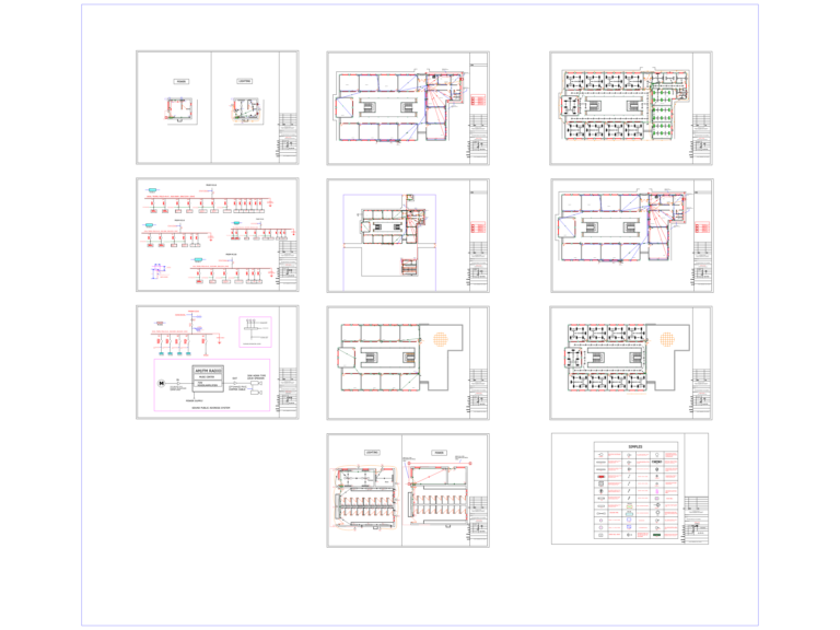 Primary school electrical lighting floor plans and distribution board circuit diagrams with symbol legend.