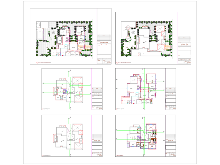 Architectural site and floor plans for a two-story private villa with garden and parking details.