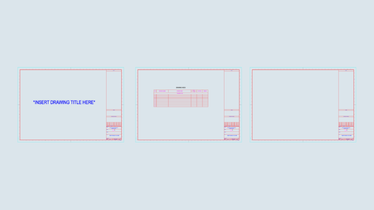 Three CAD sheet layouts including a cover page, a drawing index table, and a standard title block border.