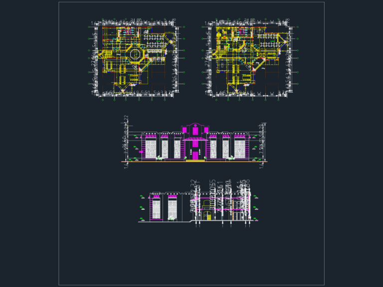 Detailed CAD floor plans and front elevation of a public library building with interior furniture and room layouts.