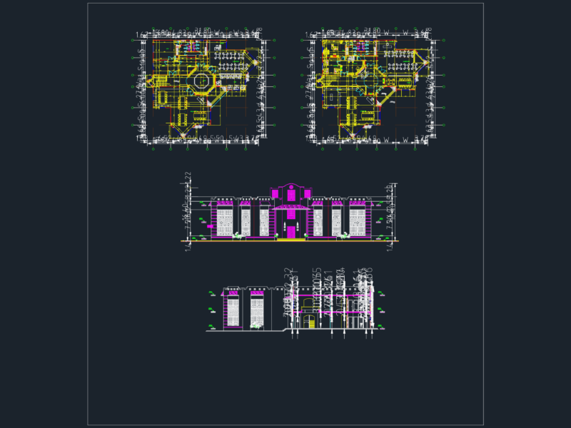 Public Library Floor Plan and Detailed Front Elevation