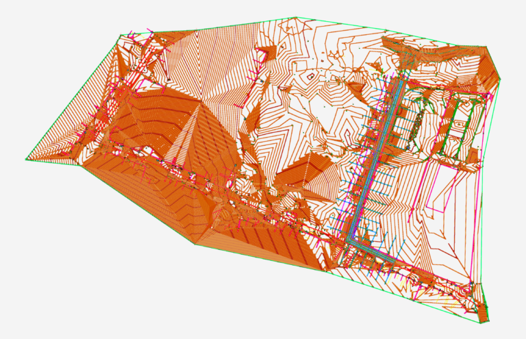 CAD site plan showing topography contours, road layouts, and recreational zones for a public park.