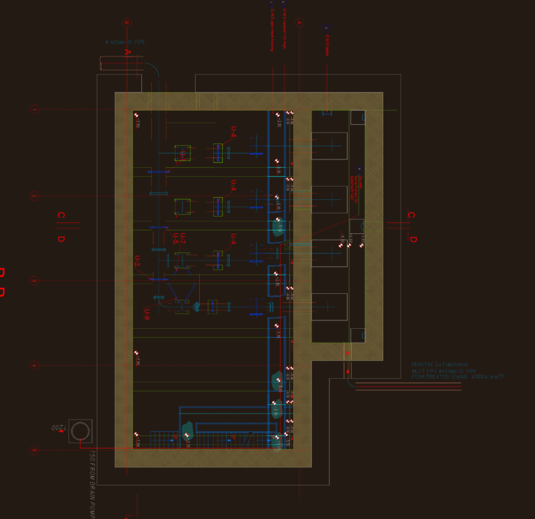 Technical drawing showing plan and elevation views of a pumping station with pump equipment and piping details.