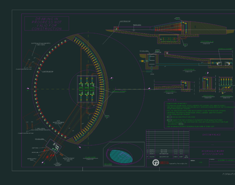 Technical CAD drawing of a circular fountain showing a detailed hydraulic plan view and several cross-sections.