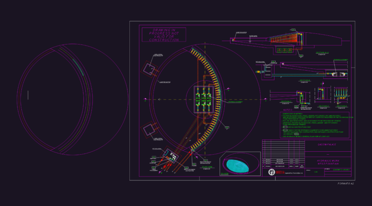 CAD plan and sections of a large decorative palace fountain with hydraulic and lighting details.