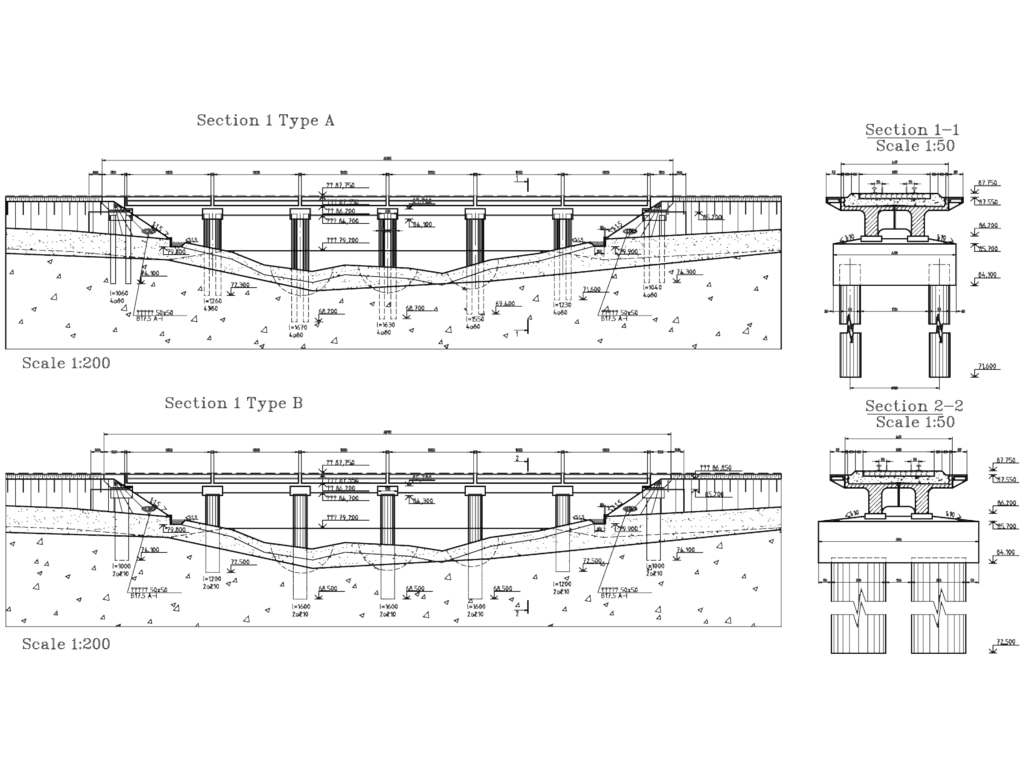 Detailed technical drawings of a railway bridge showing longitudinal elevations and cross-sections.